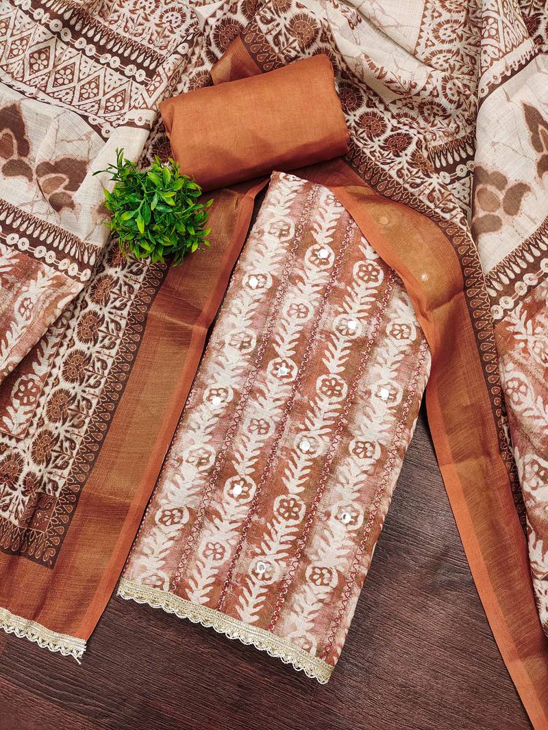 Rust linen cotton printed unstitched dress material