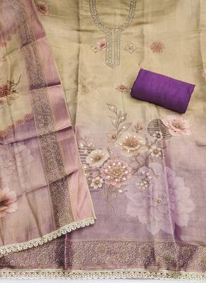 Beige cotton silk printed unstitched dress material 3