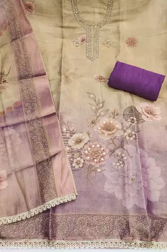 Beige cotton silk printed unstitched dress material