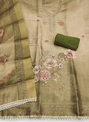 Beige cotton silk printed unstitched dress material 3