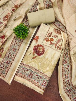Beige cotton linen printed unstitched dress material 1