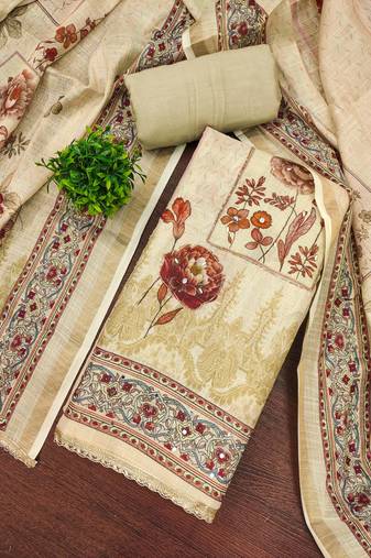 Beige cotton linen printed unstitched dress material