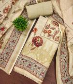 Beige cotton linen printed unstitched dress material
