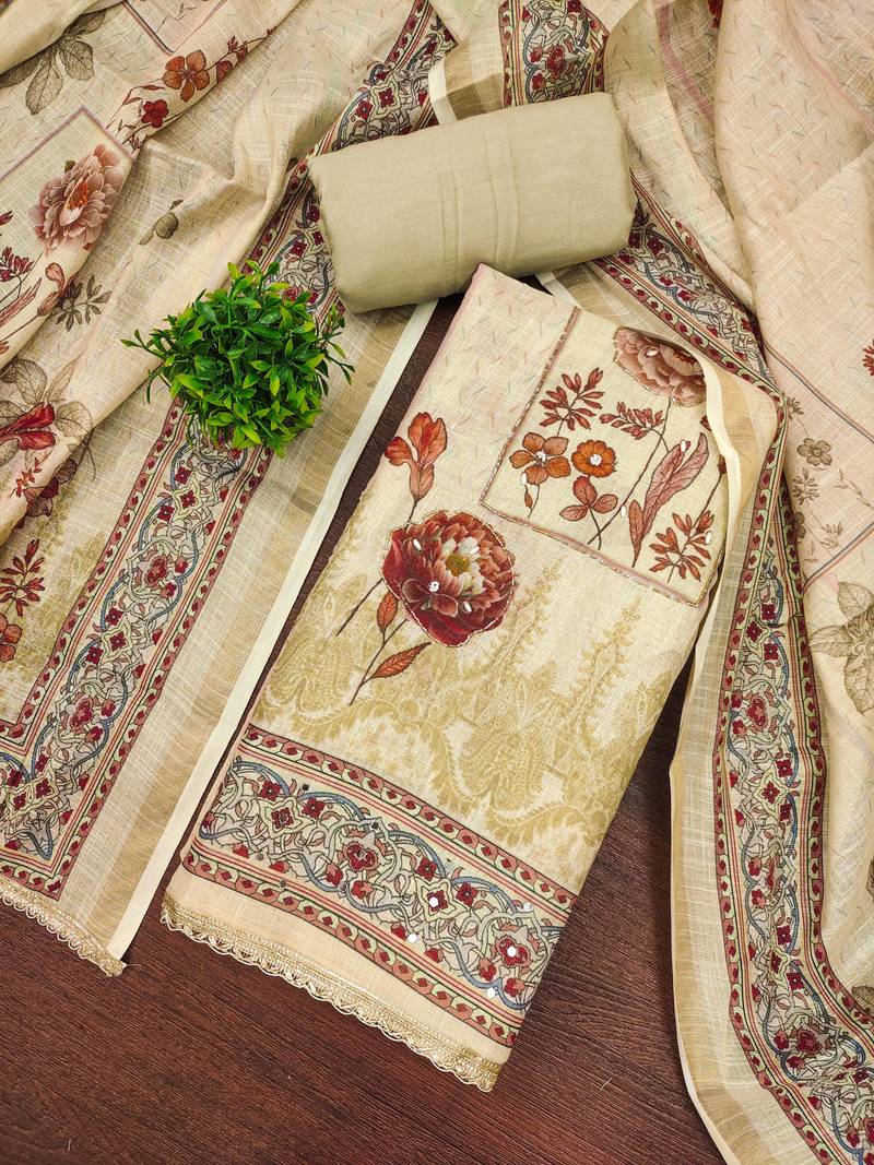 Beige cotton linen printed unstitched dress material