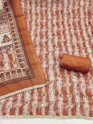 Rust linen cotton printed unstitched dress material 3