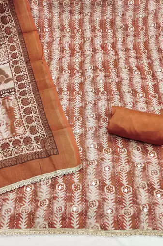 Rust linen cotton printed unstitched dress material