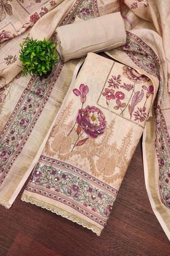 Brown cotton linen printed unstitched dress material