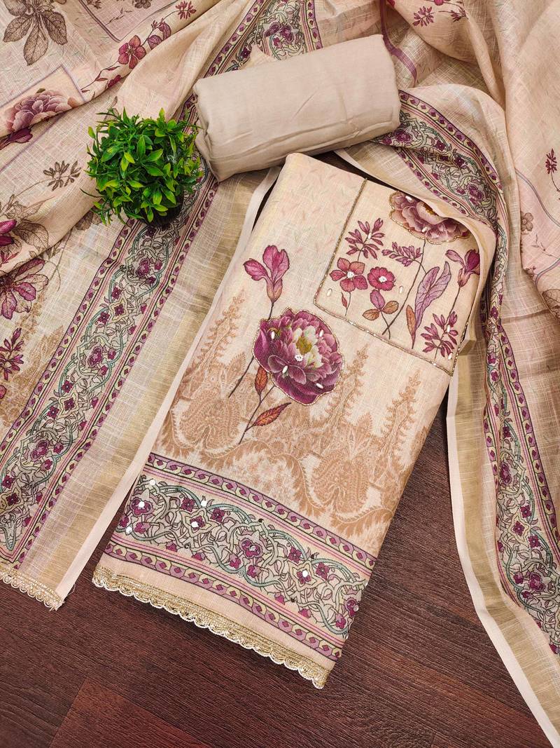 Brown cotton linen printed unstitched dress material