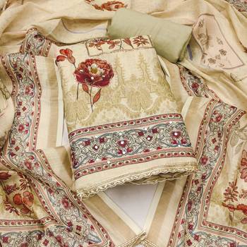 Beige cotton linen printed unstitched dress material 2