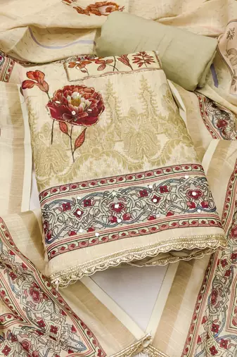 Beige cotton linen printed unstitched dress material