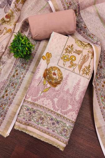 Peach cotton linen printed unstitched dress material