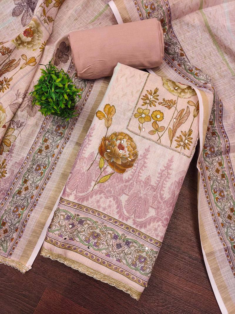 Peach cotton linen printed unstitched dress material