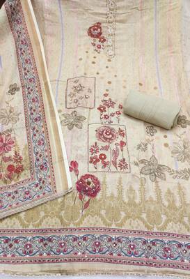 Beige cotton linen printed unstitched dress material 3