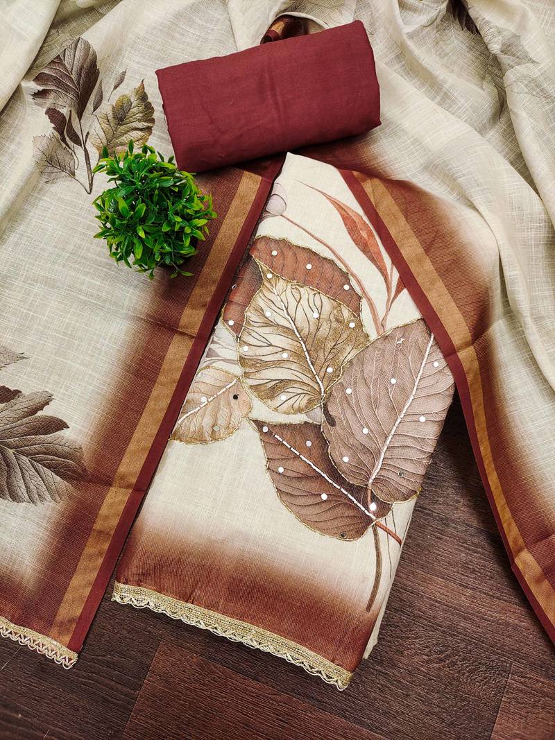 Beige cotton linen printed unstitched dress material