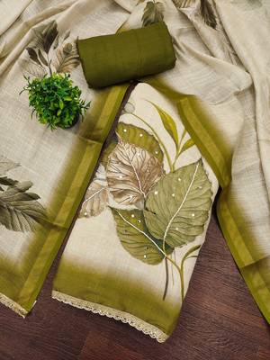 Beige cotton linen printed unstitched dress material 1