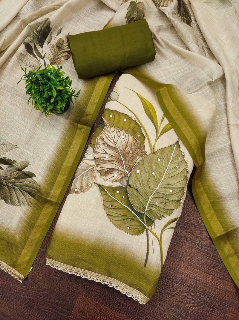 Beige cotton linen printed unstitched dress material