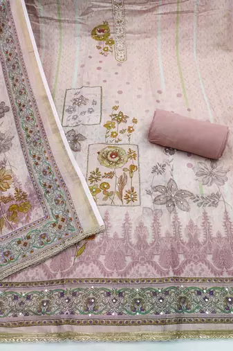 Peach cotton linen printed unstitched dress material