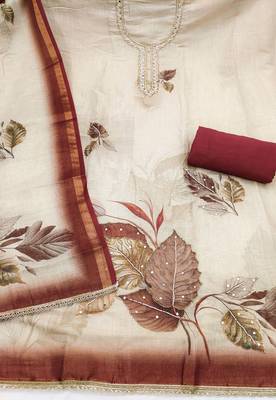 Beige cotton linen printed unstitched dress material 3