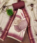 Beige cotton linen printed unstitched dress material