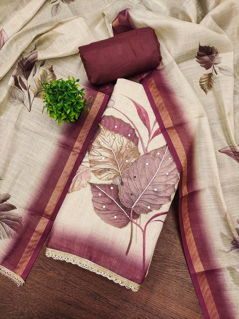 Beige cotton linen printed unstitched dress material