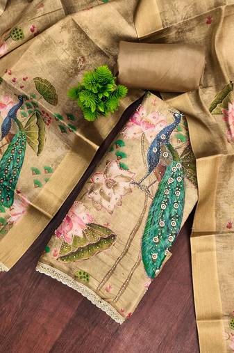 Mehendi cotton silk embellished unstitched dress material