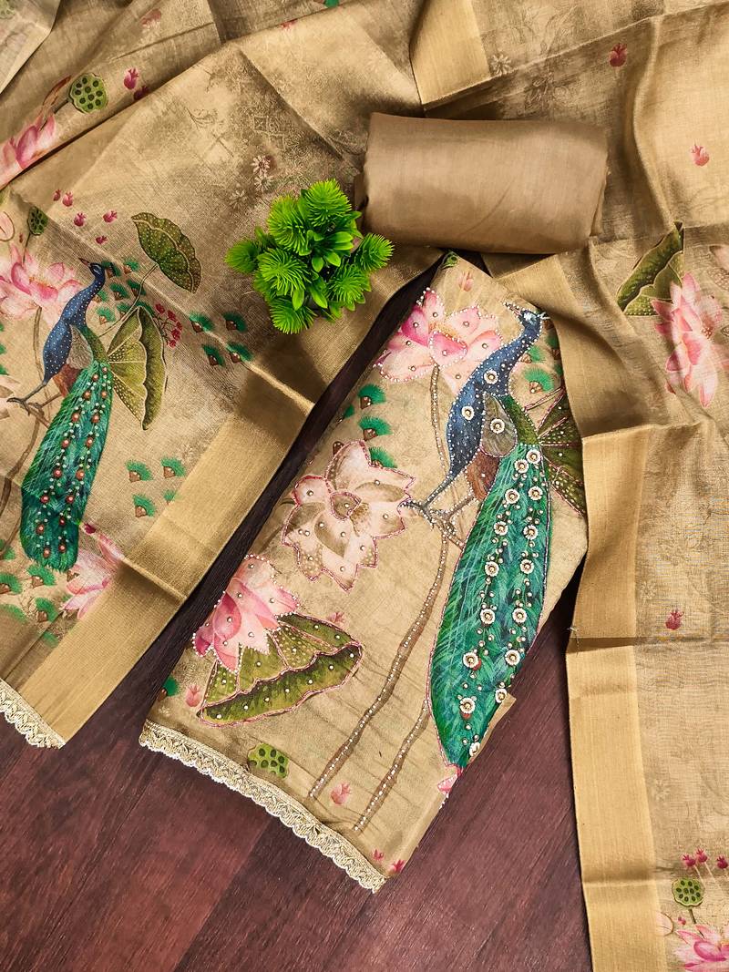 Mehendi cotton silk embellished unstitched dress material