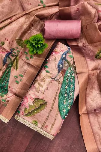 Onion cotton silk embellished unstitched dress material