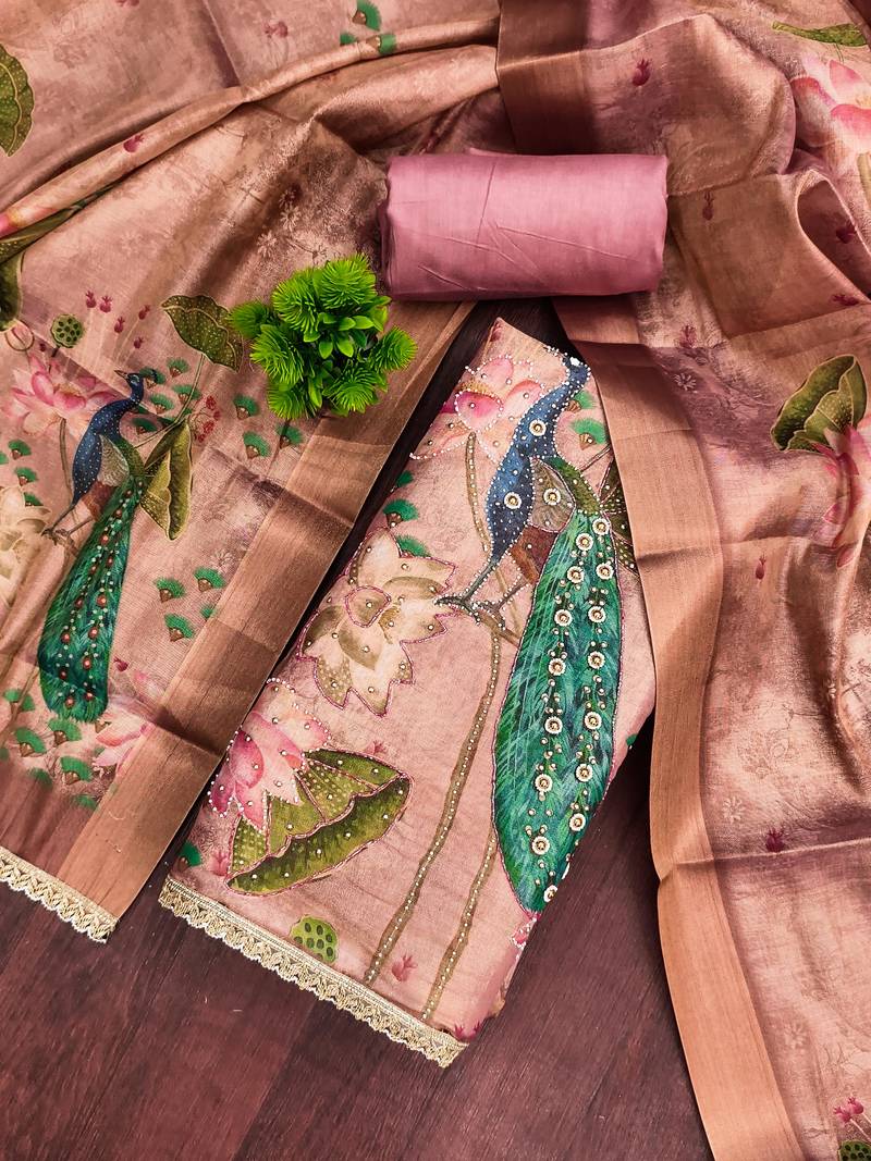 Onion cotton silk embellished unstitched dress material