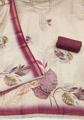 Beige cotton linen printed unstitched dress material 3