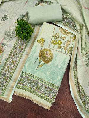 Mint cotton linen printed unstitched dress material 1