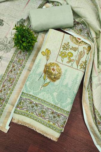 Mint cotton linen printed unstitched dress material
