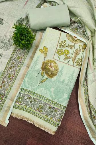 Mint cotton linen printed unstitched dress material
