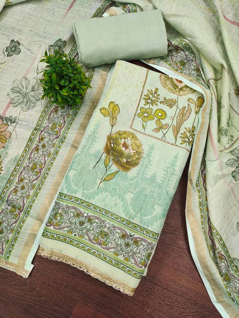 Mint cotton linen printed unstitched dress material