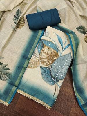 Beige cotton linen printed unstitched dress material 1