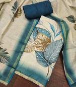 Beige cotton linen printed unstitched dress material