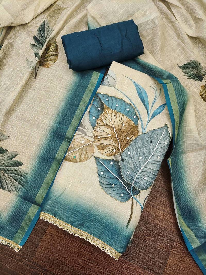 Beige cotton linen printed unstitched dress material