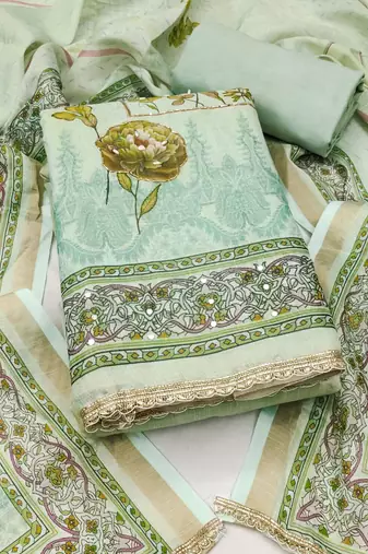 Mint cotton linen printed unstitched dress material