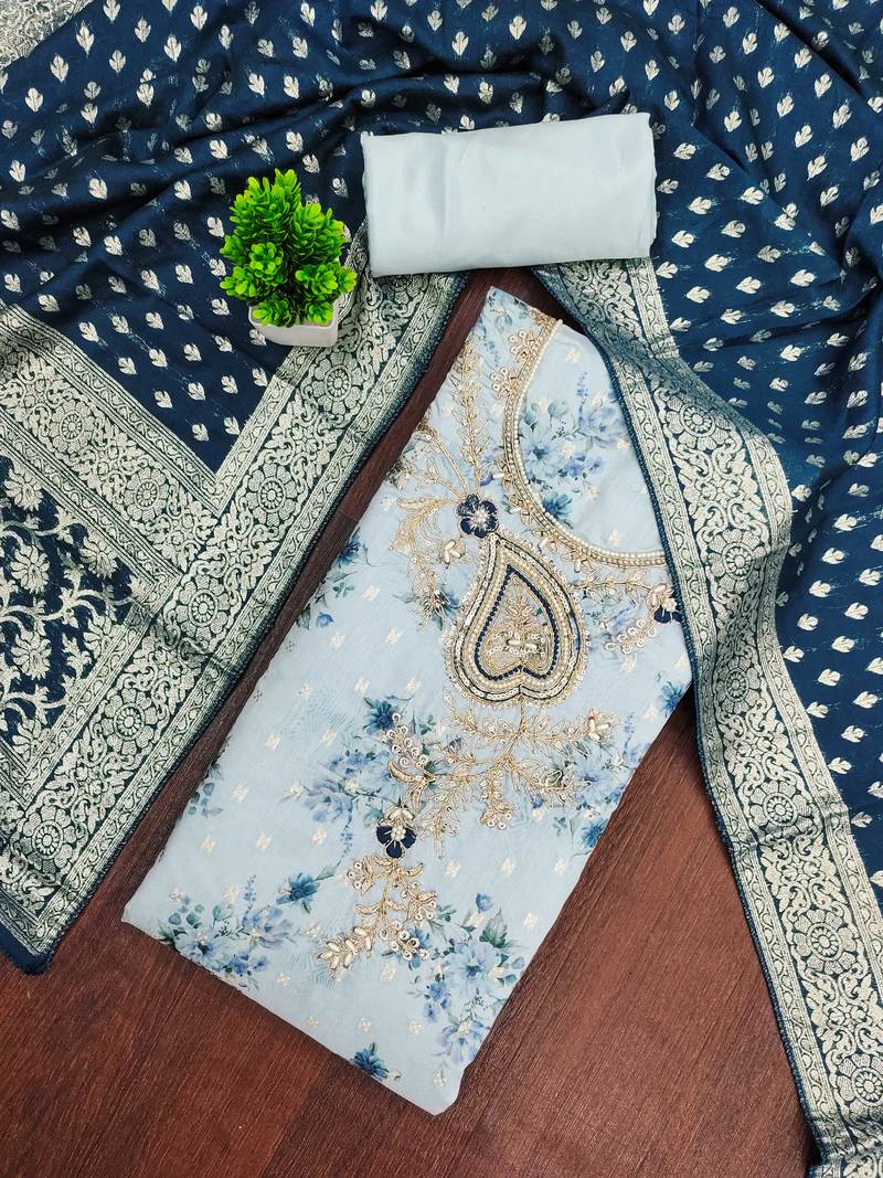 Blue banarasi modal printed unstitched dress material