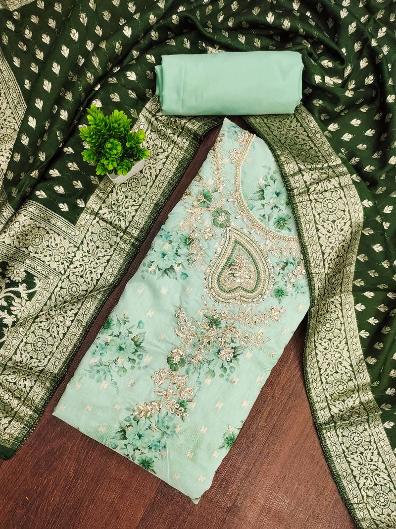 Mint banarasi modal printed unstitched dress material