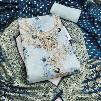 Blue banarasi modal printed unstitched dress material 2
