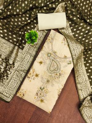 Cream banarasi modal printed unstitched dress material 1