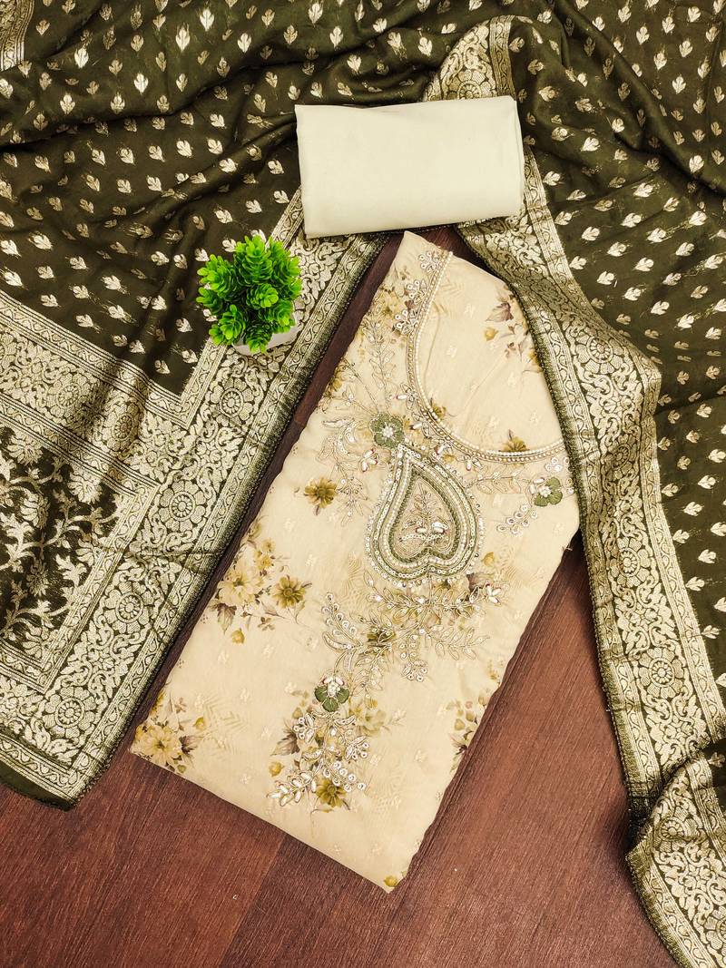 Cream banarasi modal printed unstitched dress material