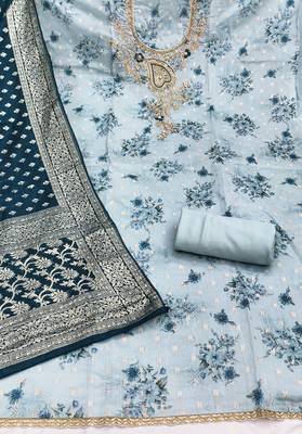 Blue banarasi modal printed unstitched dress material 3