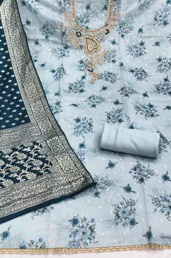 Blue banarasi modal printed unstitched dress material