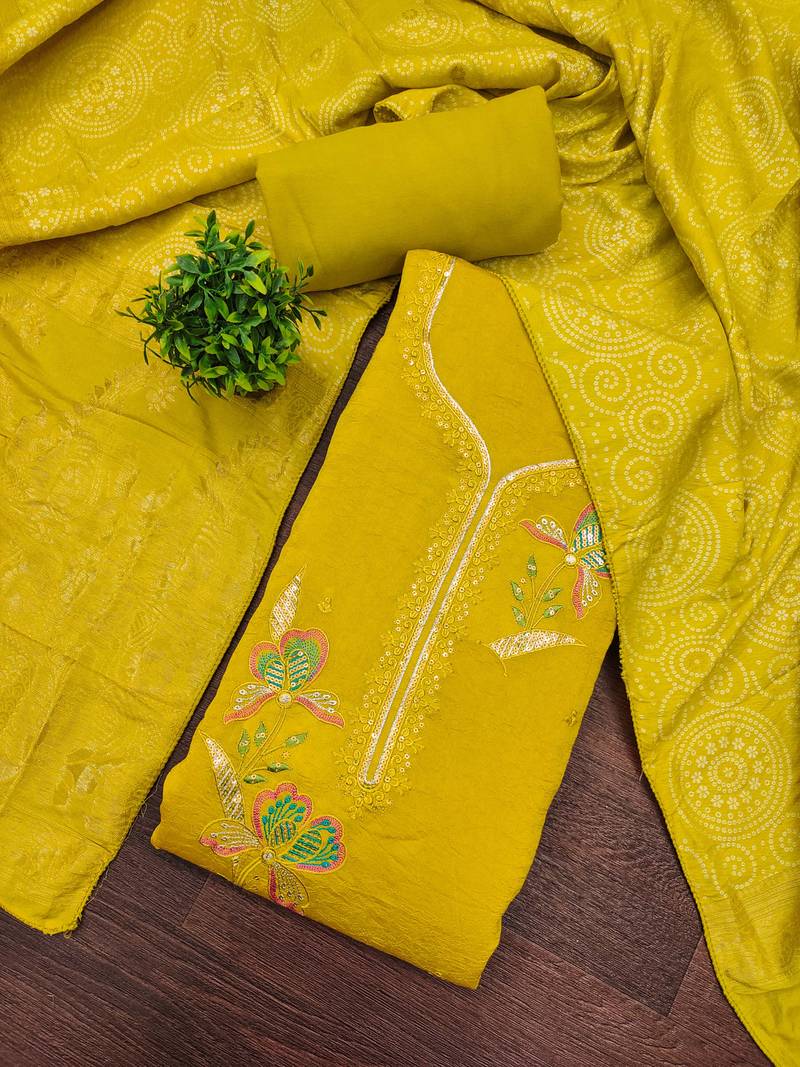 Lime georgette viscose embroidered unstitched dress material
