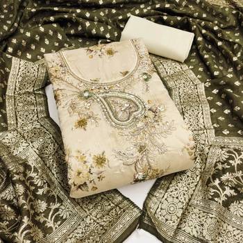 Cream banarasi modal printed unstitched dress material 2