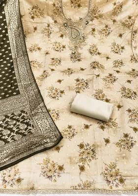 Cream banarasi modal printed unstitched dress material 3