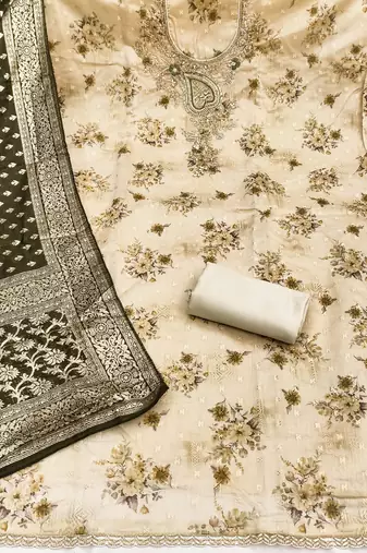 Cream banarasi modal printed unstitched dress material