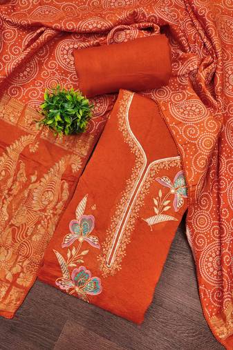 Orange georgette viscose embroidered unstitched dress material