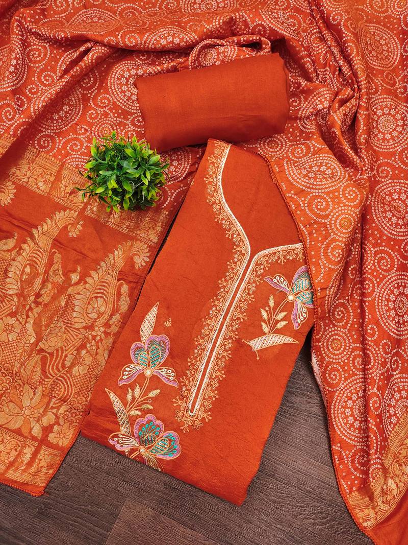 Orange georgette viscose embroidered unstitched dress material